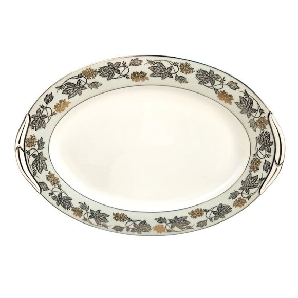 Noritake China Silvine 5487 Large Serving Platter Green Gold Flowers Silver Trim - Picture 10 of 13